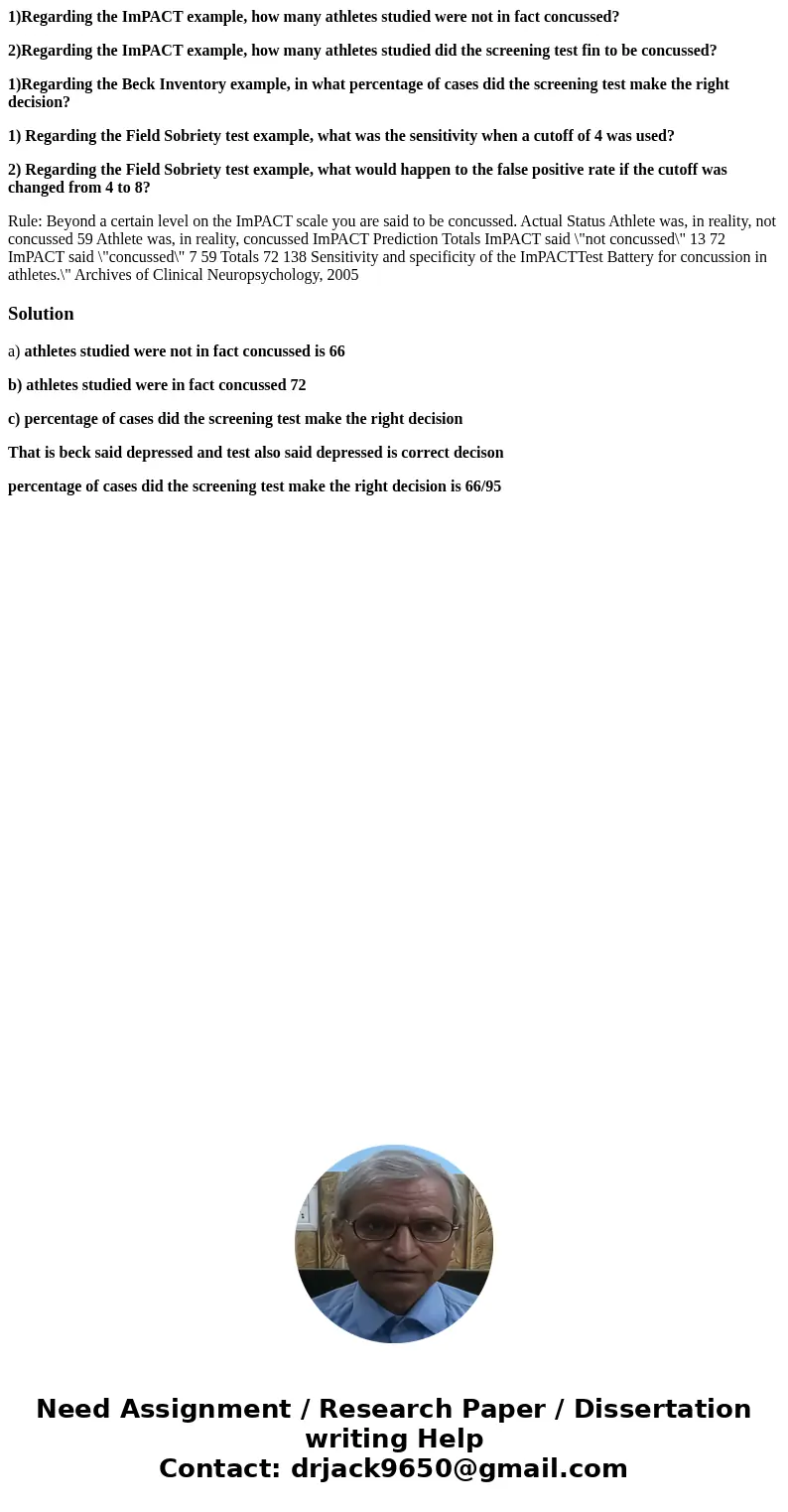 1)Regarding the ImPACT example, how many athletes studied were not in fact concussed? 2)Regarding the ImPACT example, how many athletes studied did the screenin