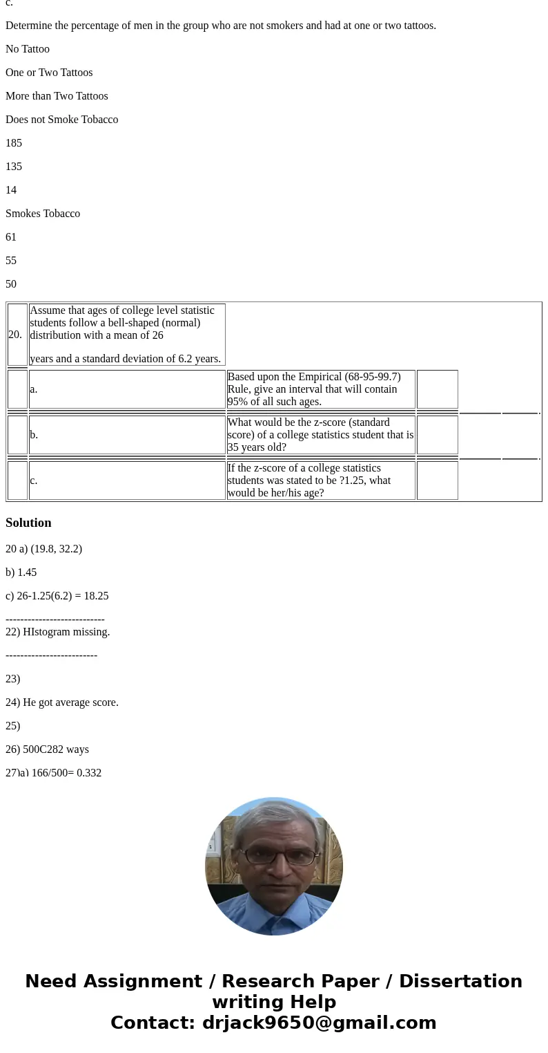 20. Assume that ages of college level statistic students follow a bell-shaped (normal) distribution with a mean of 26 years and a standard deviation of 6.2 year
