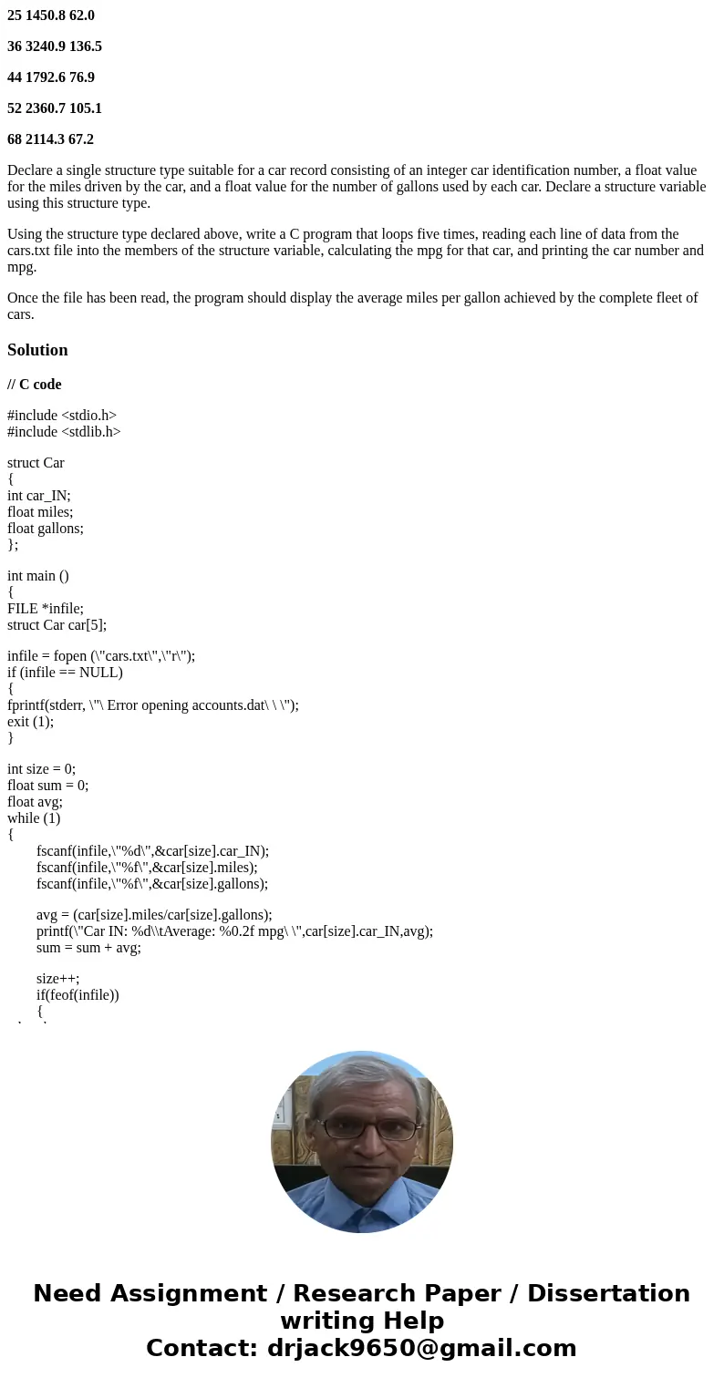25 1450.8 62.0 36 3240.9 136.5 44 1792.6 76.9 52 2360.7 105.1 68 2114.3 67.2 Declare a single structure type suitable for a car record consisting of an integer 