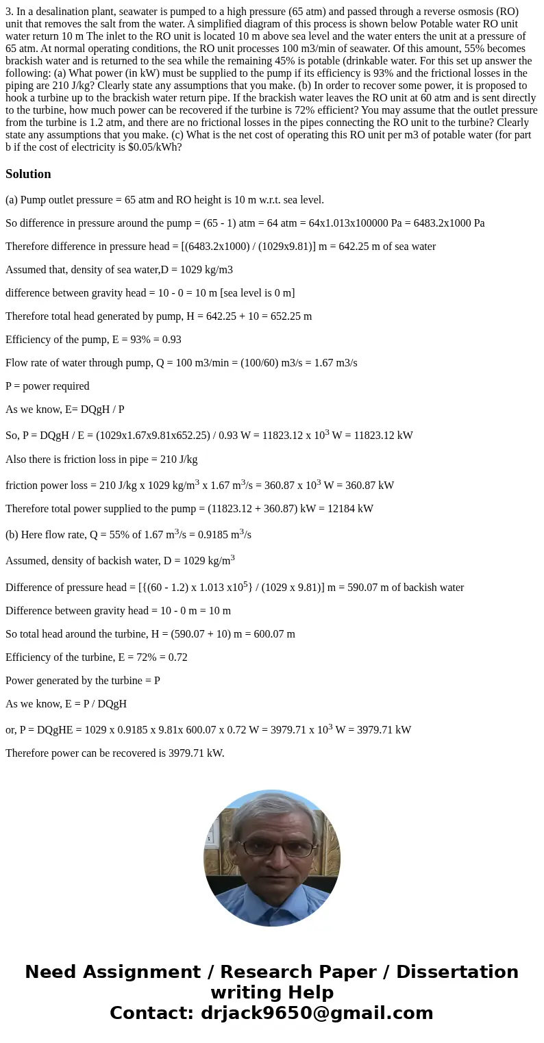  3. In a desalination plant, seawater is pumped to a high pressure (65 atm) and passed through a reverse osmosis (RO) unit that removes the salt from the water.