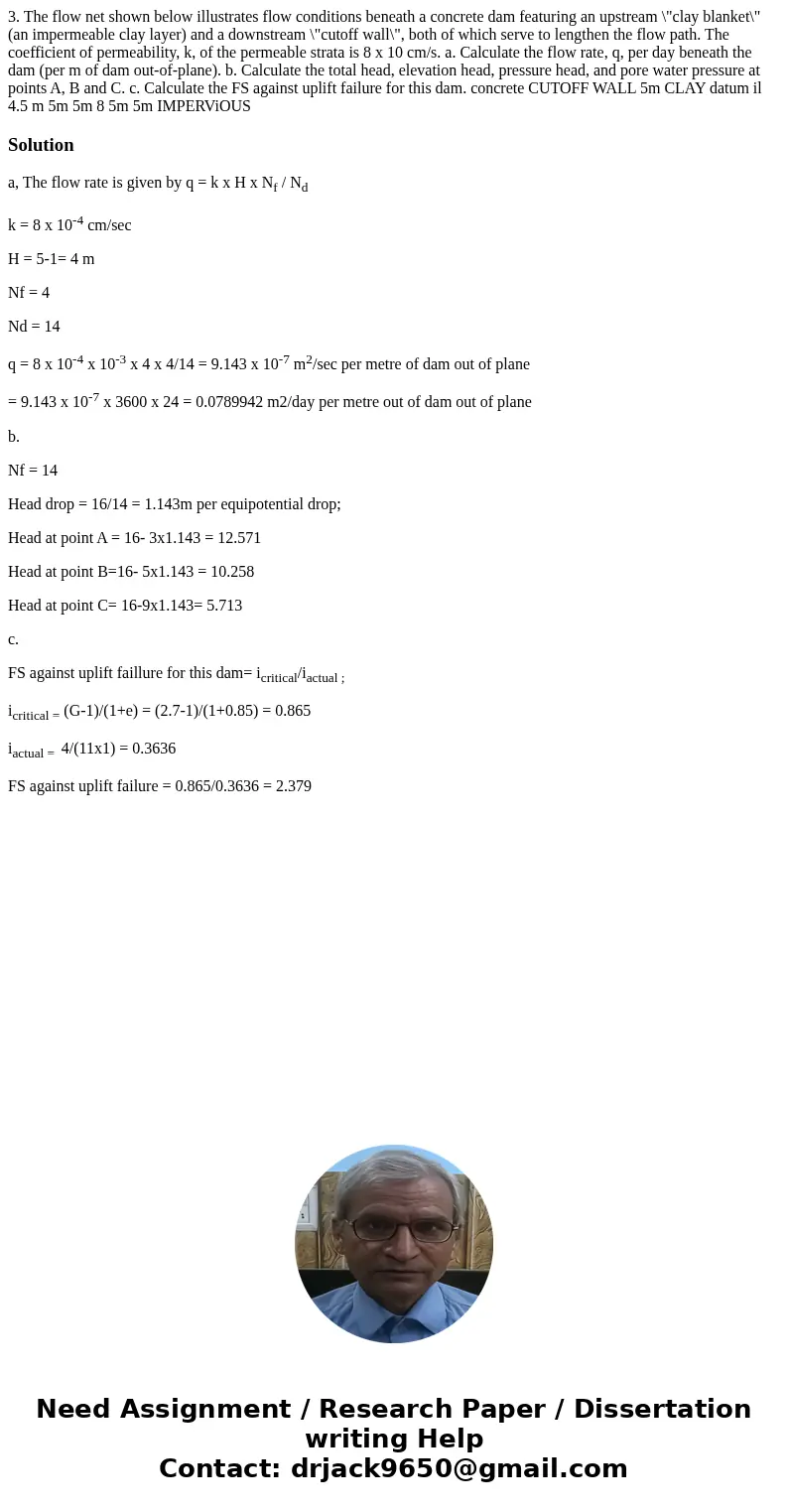  3. The flow net shown below illustrates flow conditions beneath a concrete dam featuring an upstream \