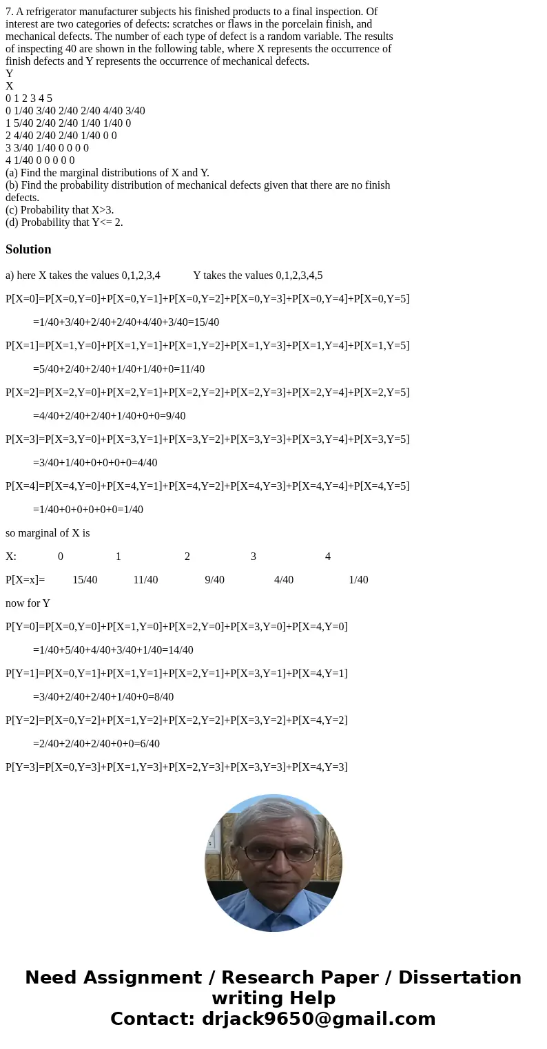 7. A refrigerator manufacturer subjects his finished products to a final inspection. Of interest are two categories of defects: scratches or flaws in the porcel