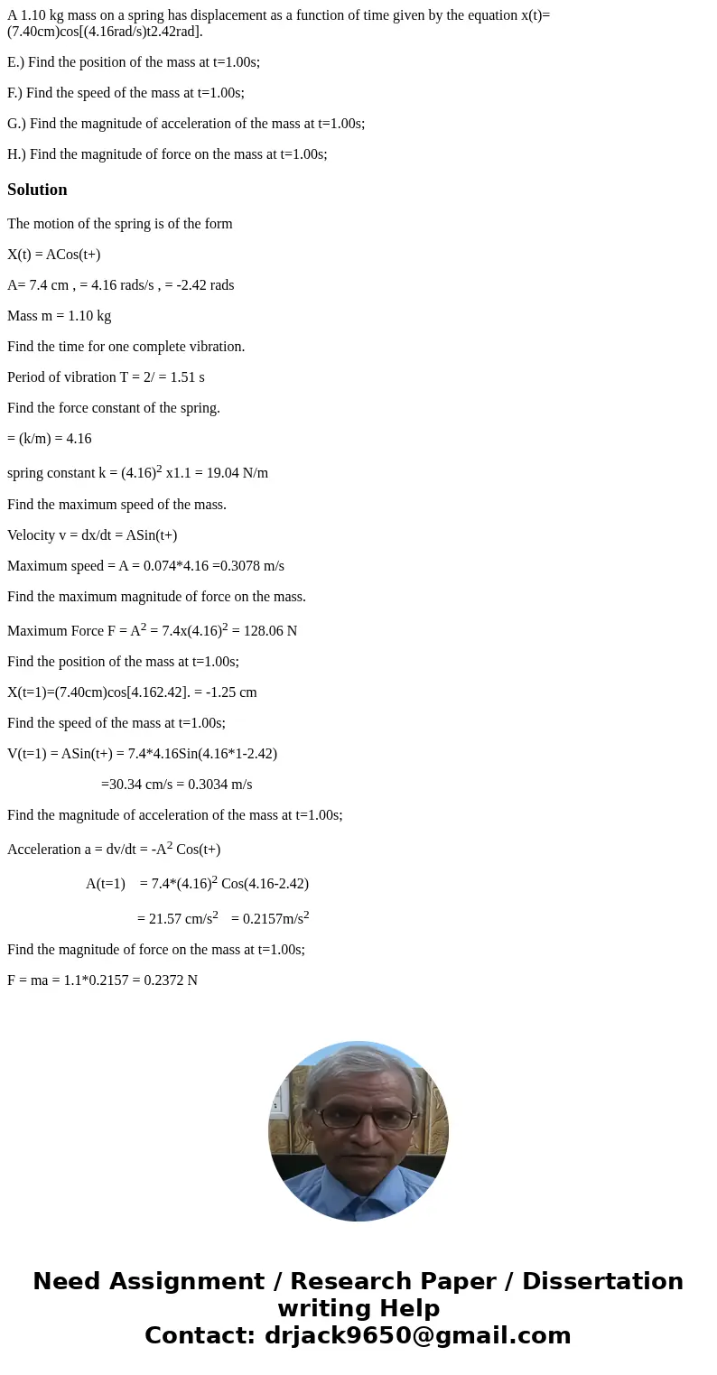 A 1.10 kg mass on a spring has displacement as a function of time given by the equation x(t)=(7.40cm)cos[(4.16rad/s)t2.42rad]. E.) Find the position of the mass