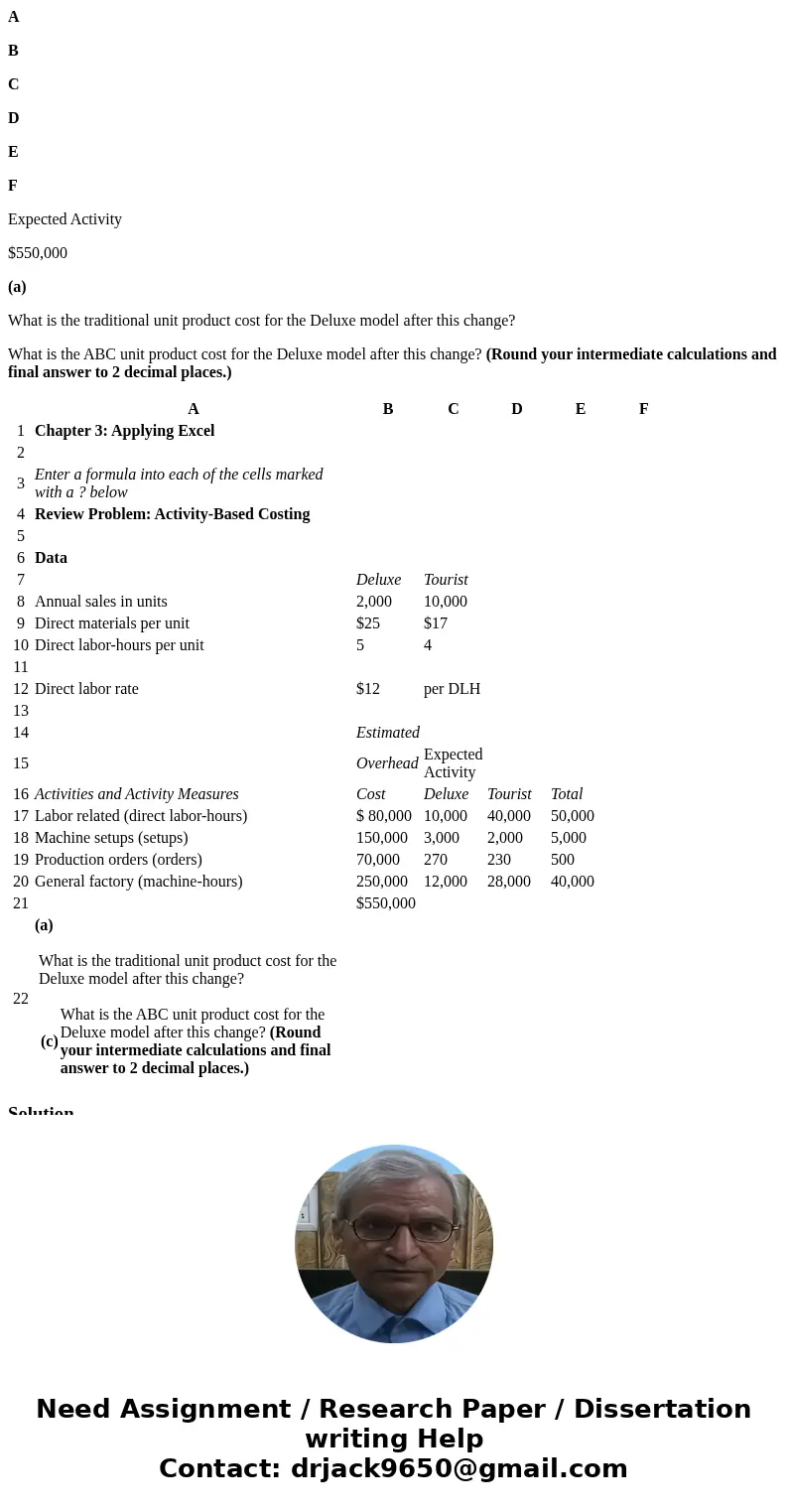 A B C D E F Expected Activity $550,000 (a) What is the traditional unit product cost for the Deluxe model after this change? What is the ABC unit product cost f