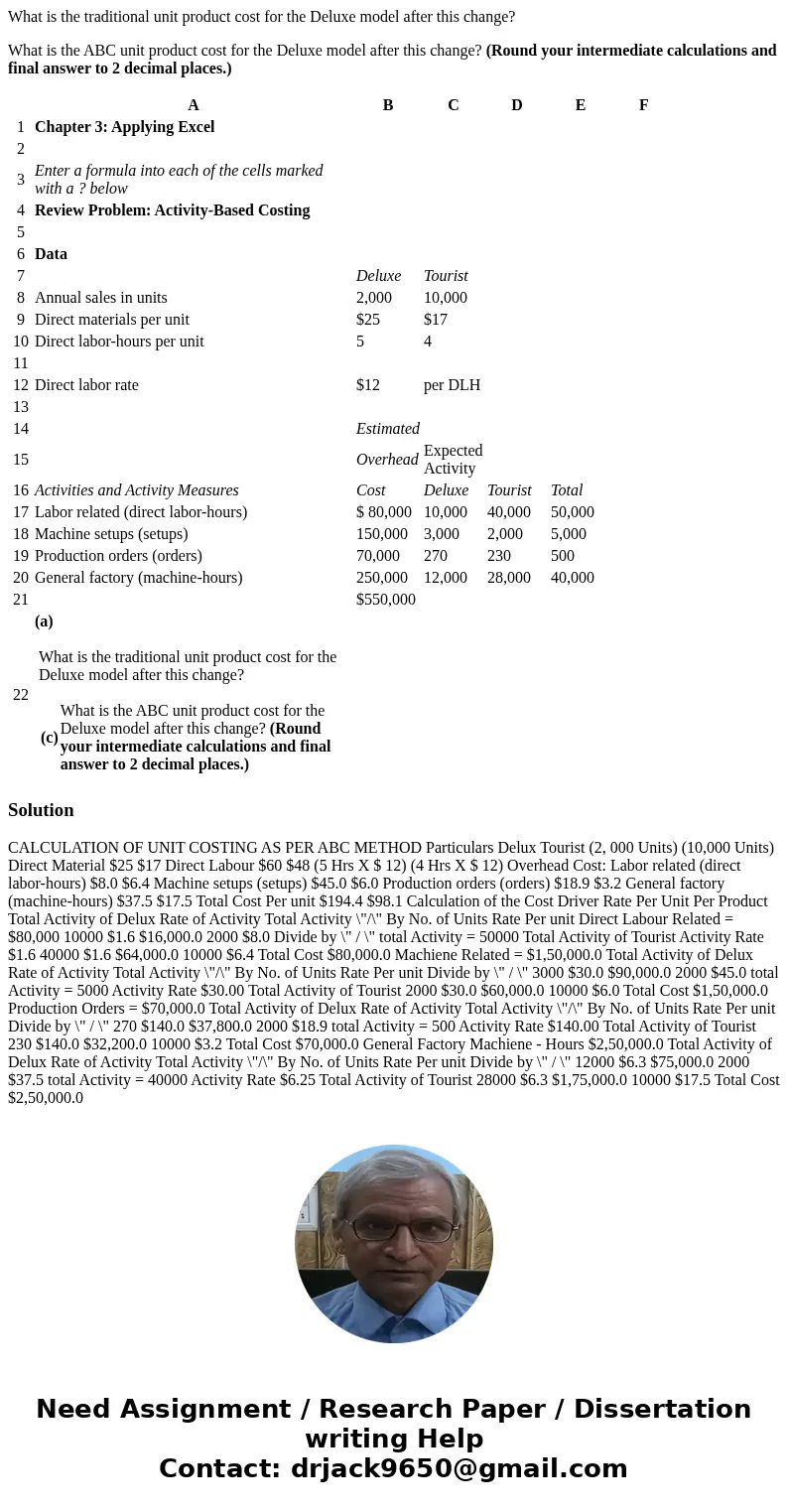A B C D E F Expected Activity $550,000 (a) What is the traditional unit product cost for the Deluxe model after this change? What is the ABC unit product cost f