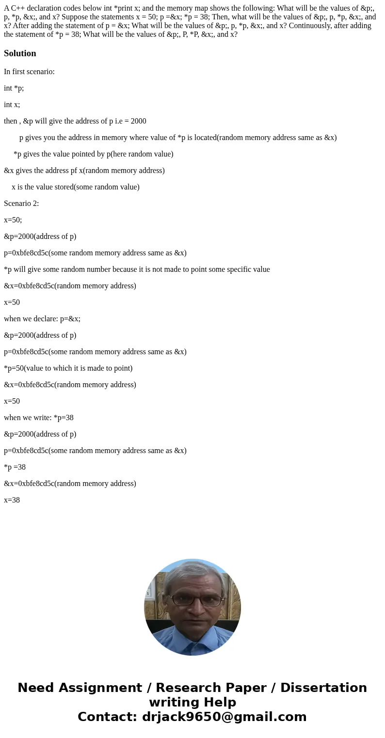 A C++ declaration codes below int *print x; and the memory map shows the following: What will be the values of &p;, p, *p, &x;, and x? Suppose the stat  A C++ declaration codes below int *print x; and the memory map shows the following: What will be the values of &p;, p, *p, &x;, and x? Suppose the stat