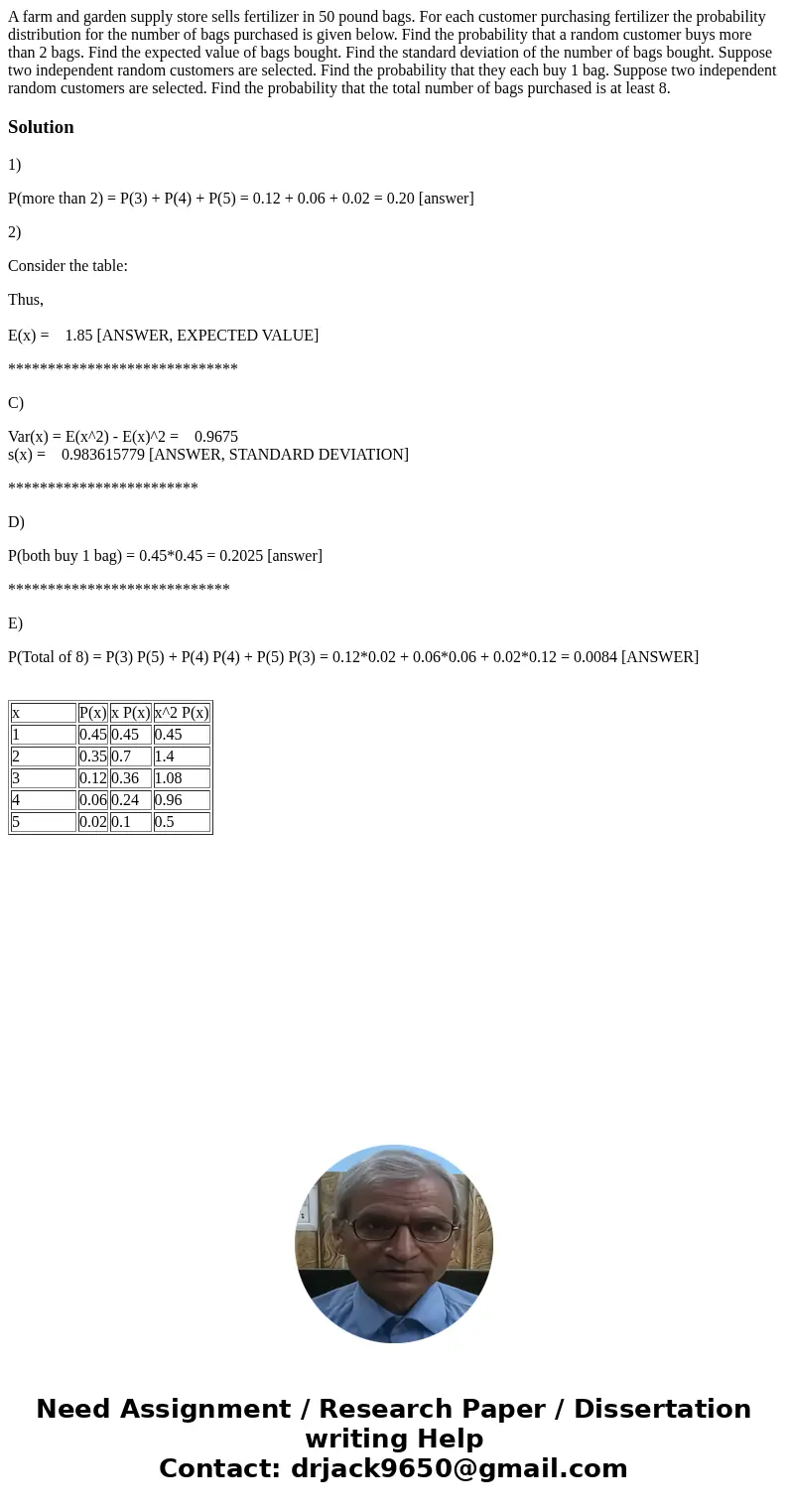A farm and garden supply store sells fertilizer in 50 pound bags. For each customer purchasing fertilizer the probability distribution for the number of bags p  A farm and garden supply store sells fertilizer in 50 pound bags. For each customer purchasing fertilizer the probability distribution for the number of bags p