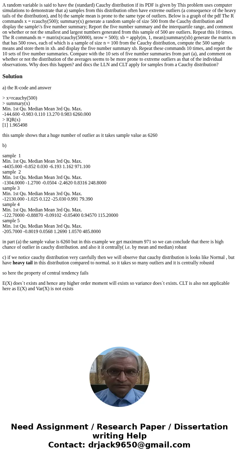  A random variable is said to have the (standard) Cauchy distribution if its PDF is given by This problem uses computer simulations to demonstrate that a) sampl