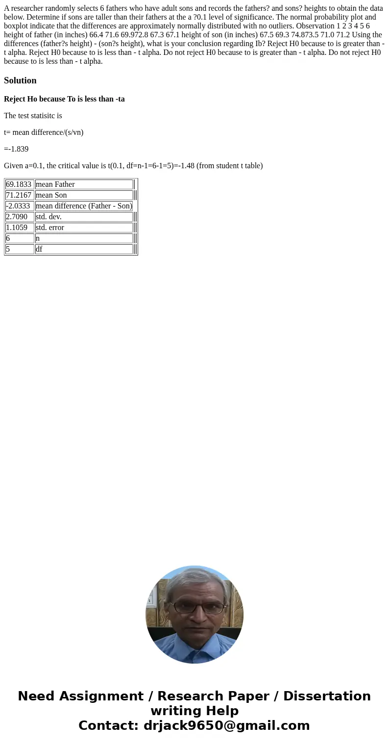  A researcher randomly selects 6 fathers who have adult sons and records the fathers? and sons? heights to obtain the data below. Determine if sons are taller t
