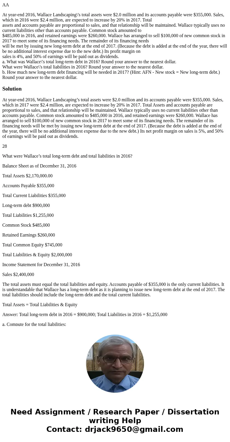 AA At year-end 2016, Wallace Landscaping\'s total assets were $2.0 million and its accounts payable were $355,000. Sales, which in 2016 were $2.4 million, are e AA At year-end 2016, Wallace Landscaping\'s total assets were $2.0 million and its accounts payable were $355,000. Sales, which in 2016 were $2.4 million, are e