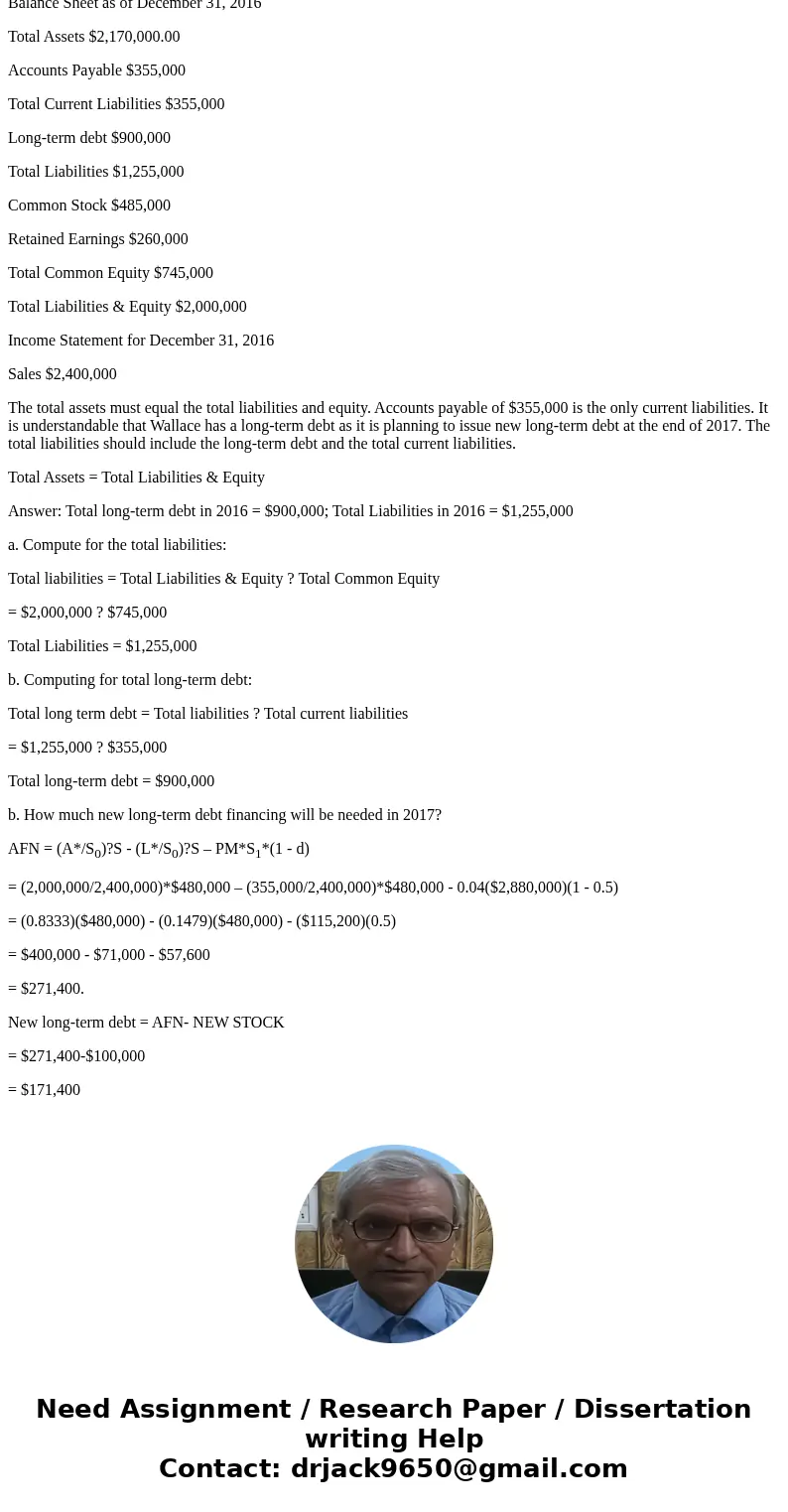 AA At year-end 2016, Wallace Landscaping\'s total assets were $2.0 million and its accounts payable were $355,000. Sales, which in 2016 were $2.4 million, are e AA At year-end 2016, Wallace Landscaping\'s total assets were $2.0 million and its accounts payable were $355,000. Sales, which in 2016 were $2.4 million, are e