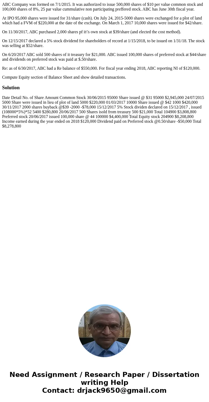 ABC Company was formed on 7/1/2015. It was authorized to issue 500,000 shares of $10 per value common stock and 100,000 shares of 8%, 25 par value cummulative n ABC Company was formed on 7/1/2015. It was authorized to issue 500,000 shares of $10 per value common stock and 100,000 shares of 8%, 25 par value cummulative n