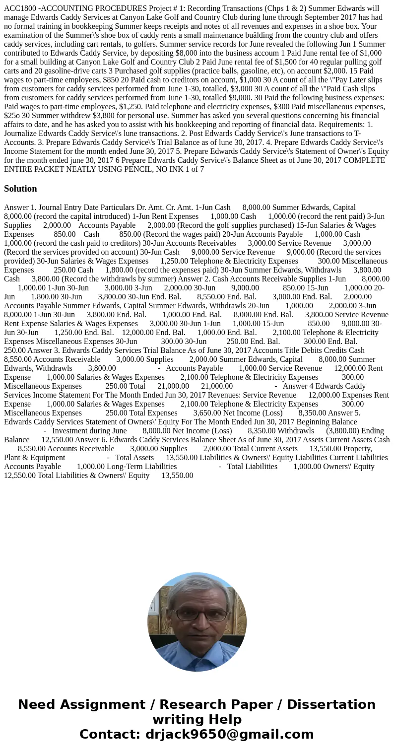  ACC1800 -ACCOUNTING PROCEDURES Project # 1: Recording Transactions (Chps 1 & 2) Summer Edwards will manage Edwards Caddy Services at Canyon Lake Golf and C