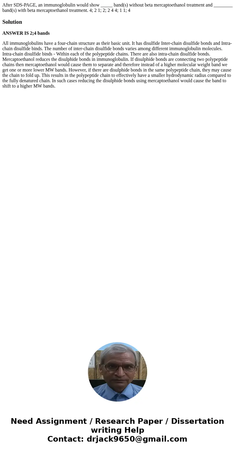  After SDS-PAGE, an immunoglobulin would show _____ band(s) without beta mercaptoethanol treatment and ________ band(s) with beta mercaptoethanol treatment. 4; 