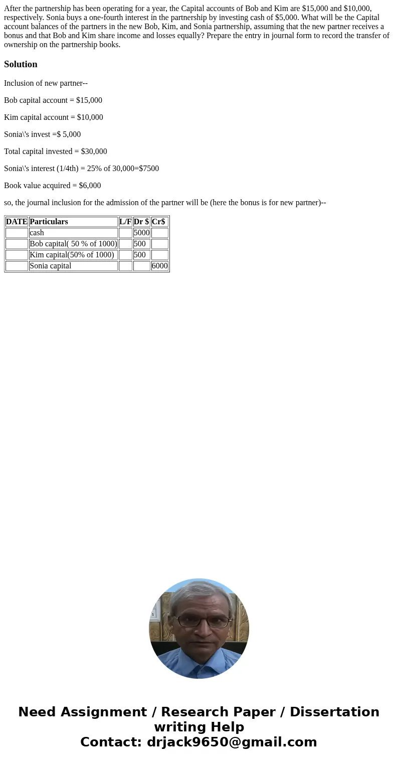 After the partnership has been operating for a year, the Capital accounts of Bob and Kim are $15,000 and $10,000, respectively. Sonia buys a one-fourth interest After the partnership has been operating for a year, the Capital accounts of Bob and Kim are $15,000 and $10,000, respectively. Sonia buys a one-fourth interest