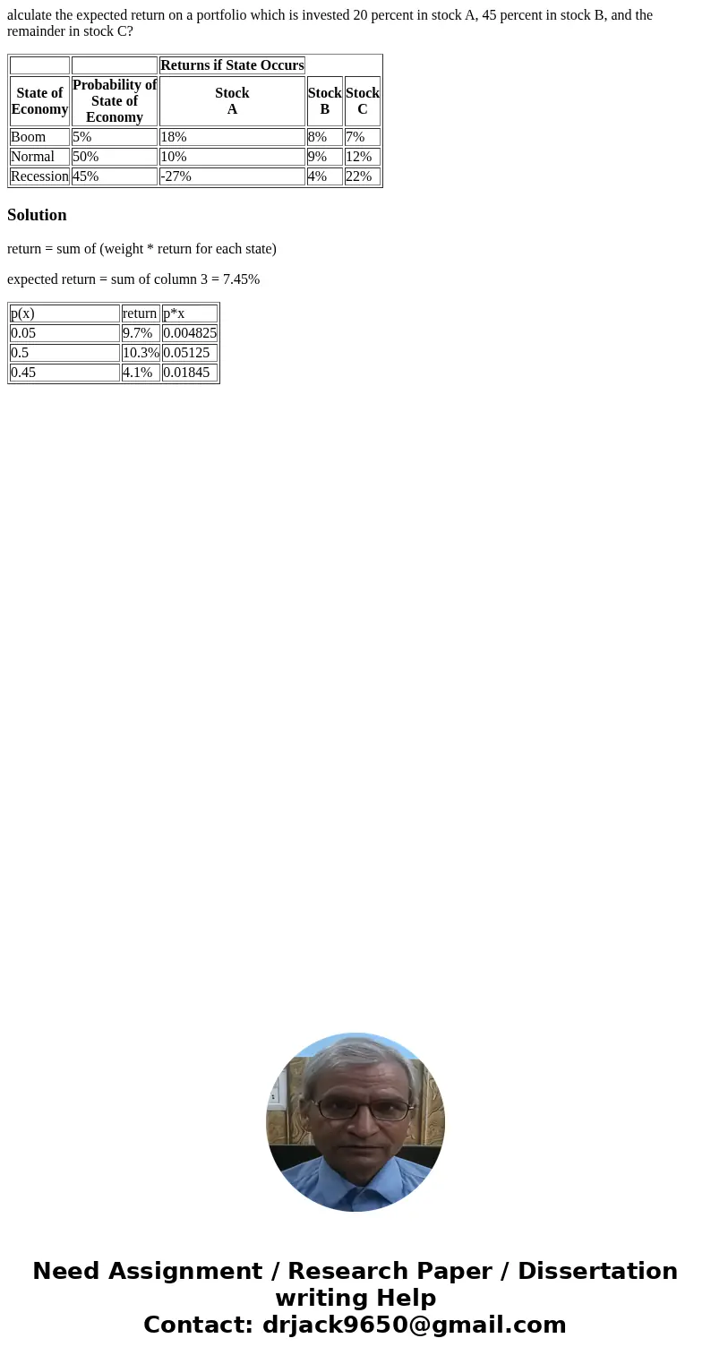 alculate the expected return on a portfolio which is invested 20 percent in stock A, 45 percent in stock B, and the remainder in stock C? Returns if State Occur
