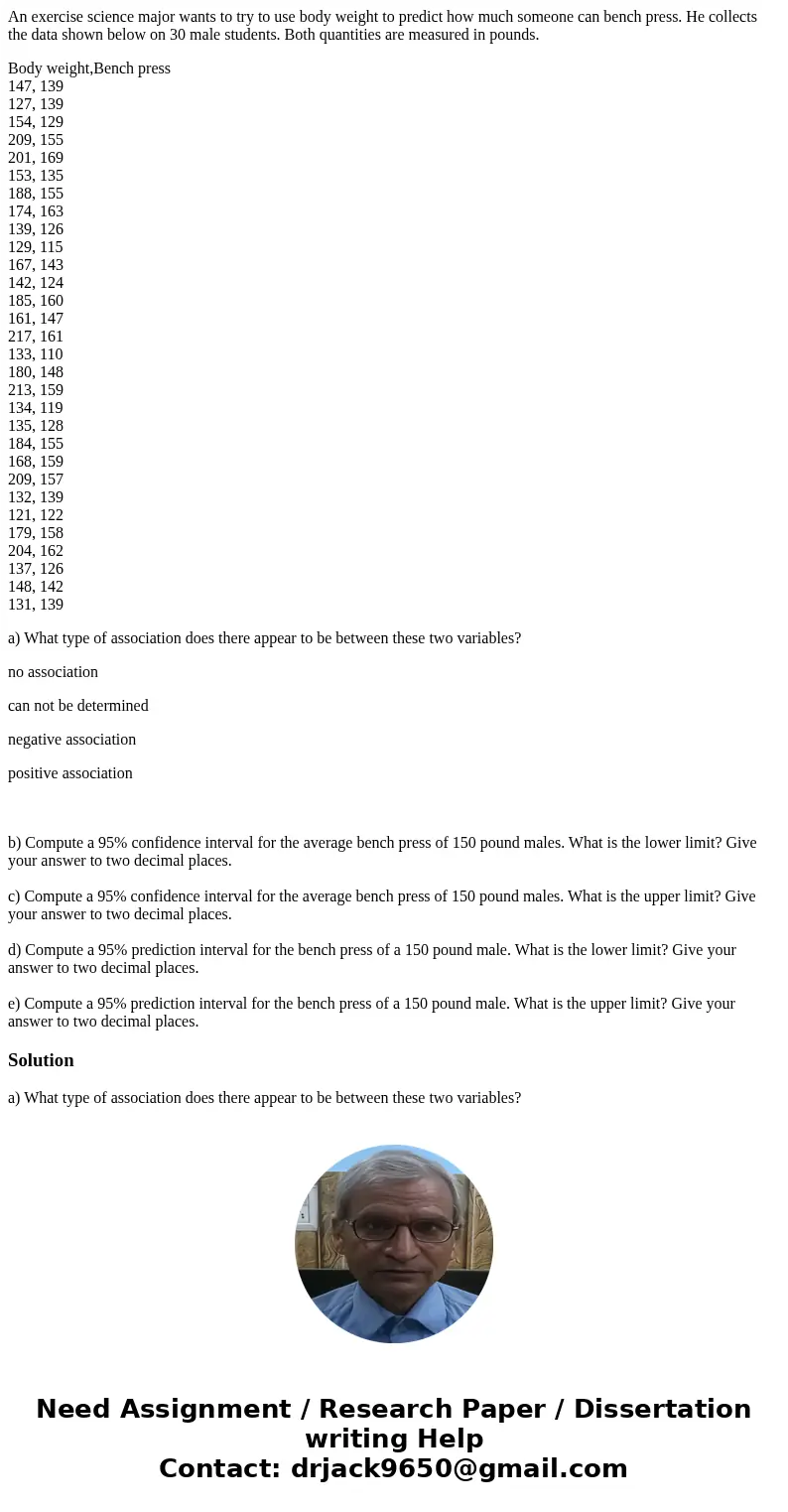 An exercise science major wants to try to use body weight to predict how much someone can bench press. He collects the data shown below on 30 male students. Bot