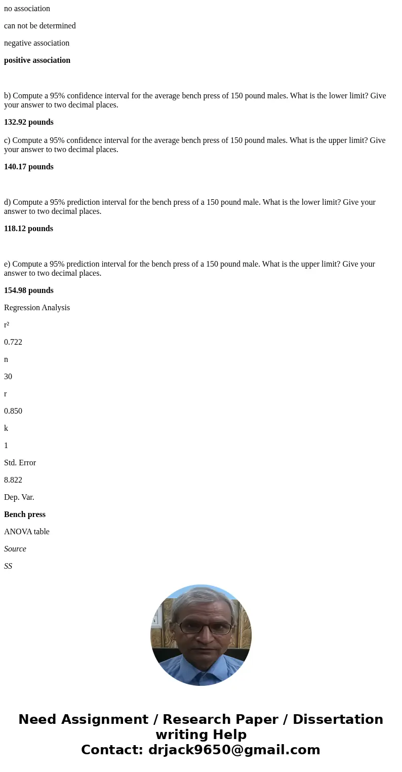 An exercise science major wants to try to use body weight to predict how much someone can bench press. He collects the data shown below on 30 male students. Bot