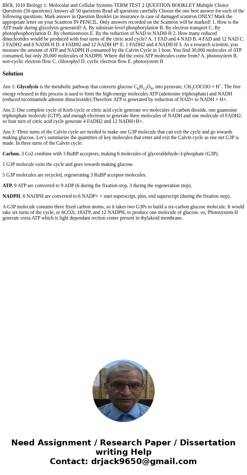 BIOL 1010 Biology 1: Molecular and Cellular Systems TERM TEST 2 QUESTION BOOKLET Multiple Choice Questions (50 questions) Answer all 50 questions Read all ques  BIOL 1010 Biology 1: Molecular and Cellular Systems TERM TEST 2 QUESTION BOOKLET Multiple Choice Questions (50 questions) Answer all 50 questions Read all ques