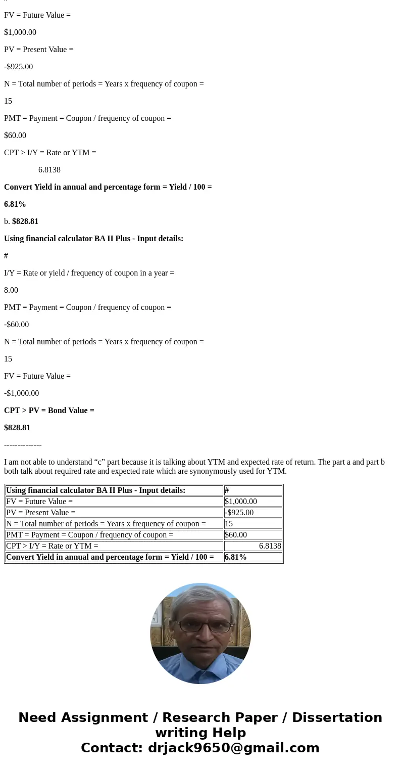 (Bond valuation) You own a 15-year, $1,000 par value bond paying 6 percent interest annually. The market price of the bond is $925, and your required rate of r  (Bond valuation) You own a 15-year, $1,000 par value bond paying 6 percent interest annually. The market price of the bond is $925, and your required rate of r