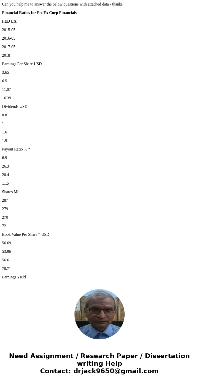 Can you help me to answer the below questions with attached data - thanks Financial Ratios for FedEx Corp Financials FED EX 2015-05 2016-05 2017-05 2018 Earning