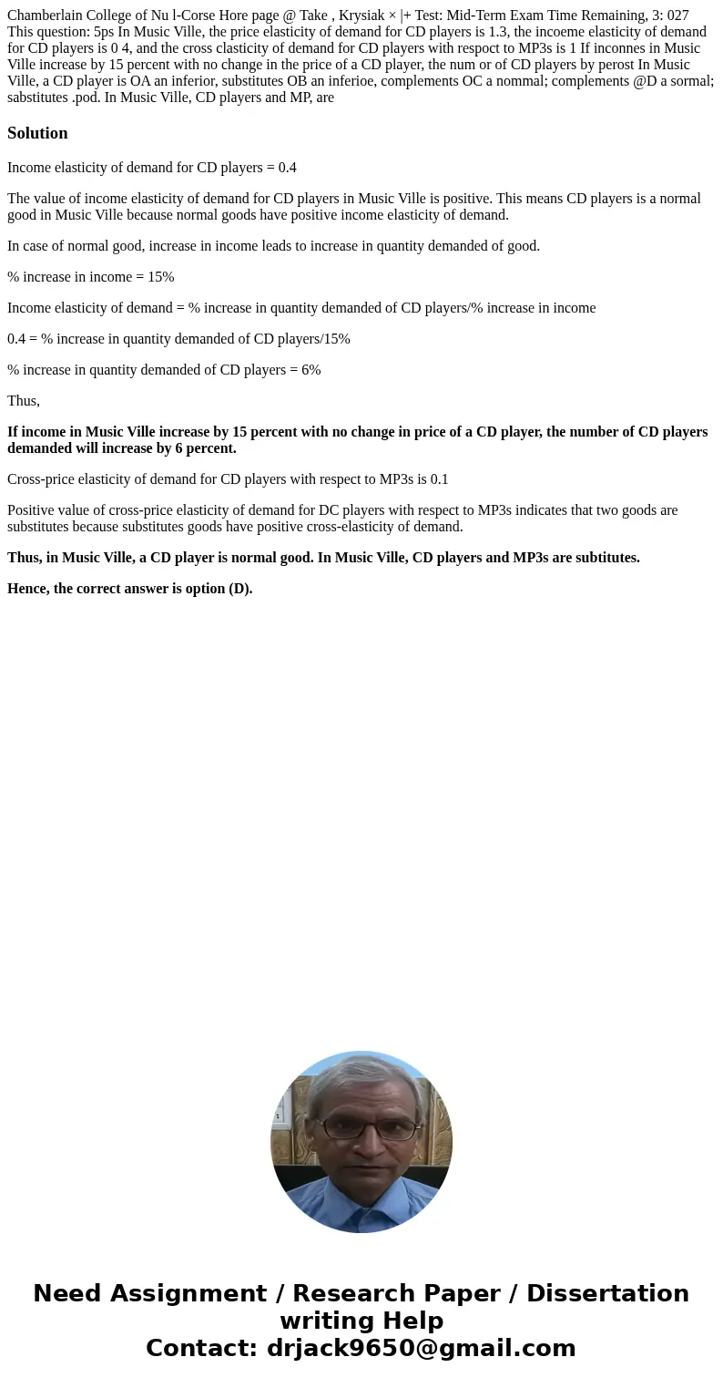 Chamberlain College of Nu l-Corse Hore page @ Take , Krysiak × |+ Test: Mid-Term Exam Time Remaining, 3: 027 This question: 5ps In Music Ville, the price elast  Chamberlain College of Nu l-Corse Hore page @ Take , Krysiak × |+ Test: Mid-Term Exam Time Remaining, 3: 027 This question: 5ps In Music Ville, the price elast