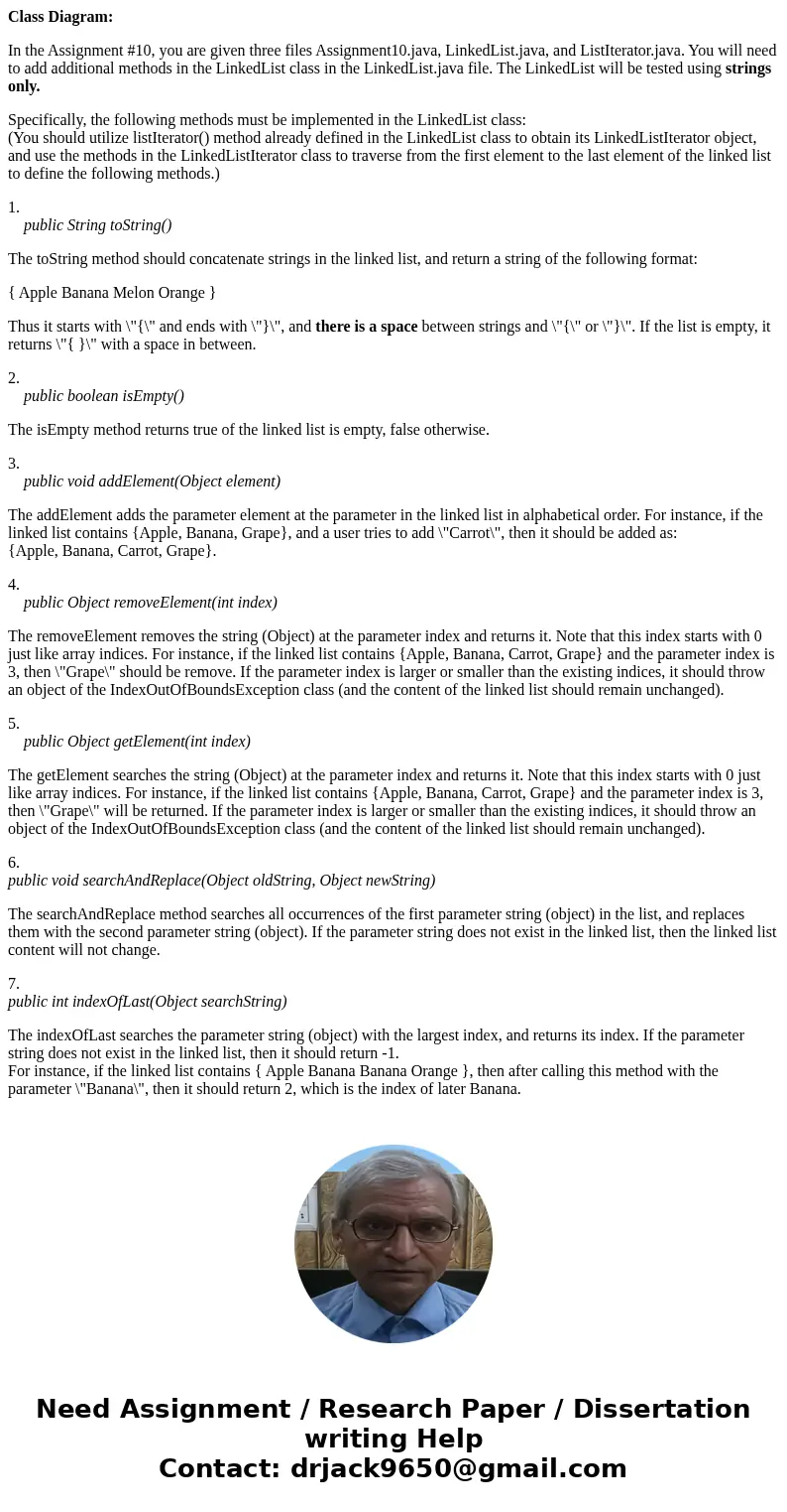 Class Diagram: In the Assignment #10, you are given three files Assignment10.java, LinkedList.java, and ListIterator.java. You will need to add additional metho Class Diagram: In the Assignment #10, you are given three files Assignment10.java, LinkedList.java, and ListIterator.java. You will need to add additional metho