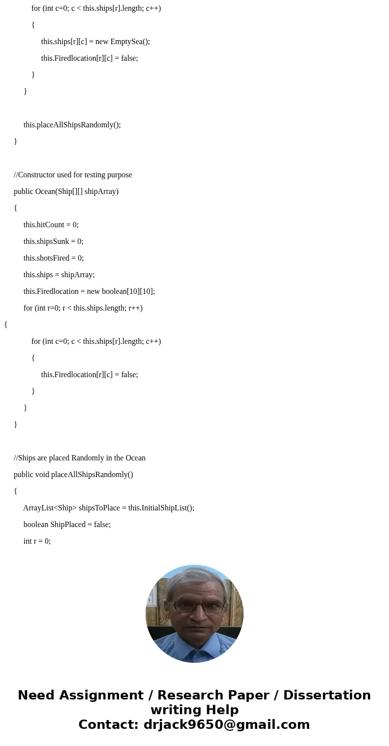 class Ocean Instance variables ships a collection of ships on the ocean shotsFired - The total number of shots fired by the user. hitCount The number of times   class Ocean Instance variables ships a collection of ships on the ocean shotsFired - The total number of shots fired by the user. hitCount The number of times