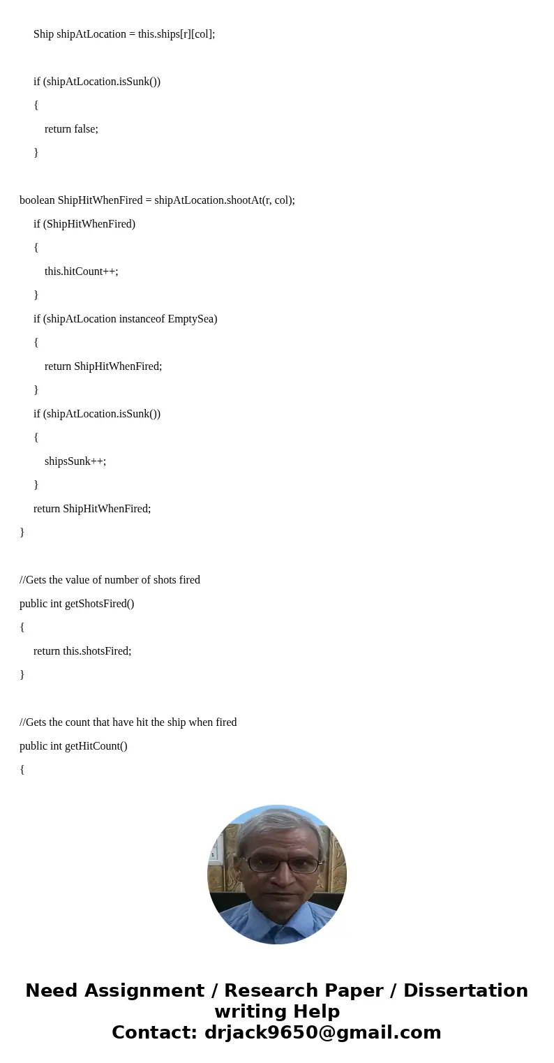 class Ocean Instance variables ships a collection of ships on the ocean shotsFired - The total number of shots fired by the user. hitCount The number of times   class Ocean Instance variables ships a collection of ships on the ocean shotsFired - The total number of shots fired by the user. hitCount The number of times