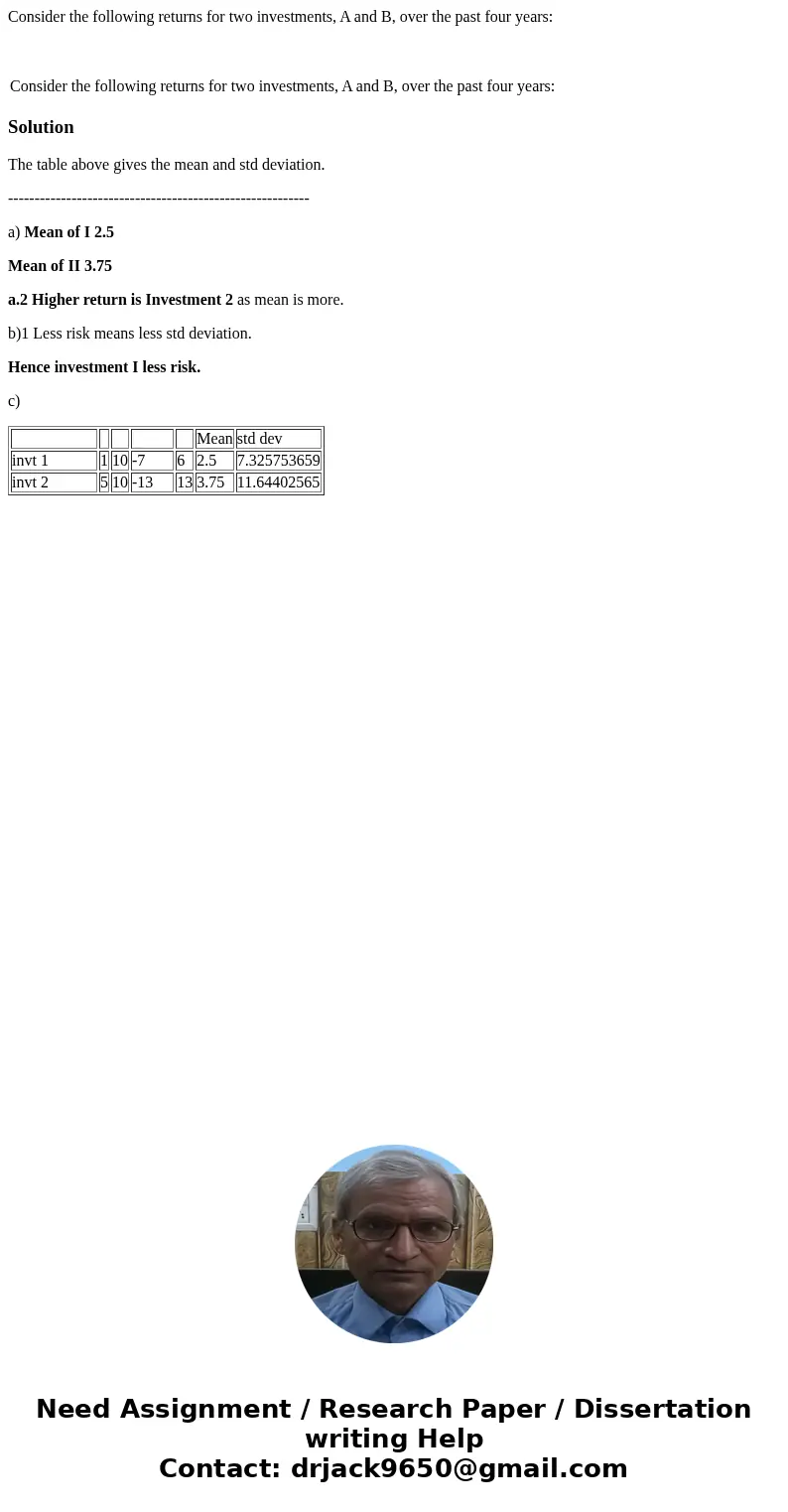 Consider the following returns for two investments, A and B, over the past four years: Consider the following returns for two investments, A and B, over the pas