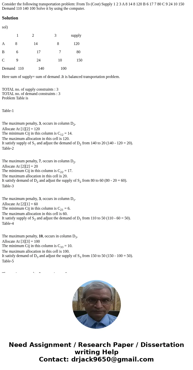 Consider the following transportation problem: From To (Cost) Supply 1 2 3 A 8 14 8 120 B 6 17 7 80 C 9 24 10 150 Demand 110 140 100 Solve it by using the compu