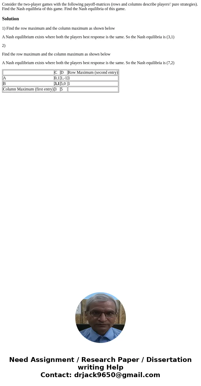 Consider the two-player games with the following payoff-matrices (rows and columns describe players\' pure strategies). Find the Nash equilibria of this game. 
