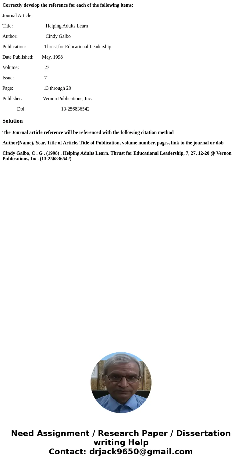 Correctly develop the reference for each of the following items: Journal Article Title: Helping Adults Learn Author: Cindy Galbo Publication: Thrust for Educati