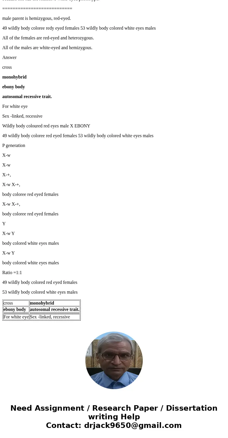 Cross #2: Wild body colored, red-eyed male X Ebony, white-eyed female offspring: 49 Wild body colored, red-eyed females: 53 Wild body colored, white-eyed males Cross #2: Wild body colored, red-eyed male X Ebony, white-eyed female offspring: 49 Wild body colored, red-eyed females: 53 Wild body colored, white-eyed males