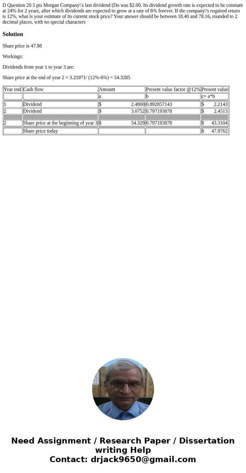 D Question 20 5 pts Morgan Company\'s last dividend (Do was $2.00. Its dividend growth rate is expected to be constant at 24% for 2 years, after which dividend D Question 20 5 pts Morgan Company\'s last dividend (Do was $2.00. Its dividend growth rate is expected to be constant at 24% for 2 years, after which dividend
