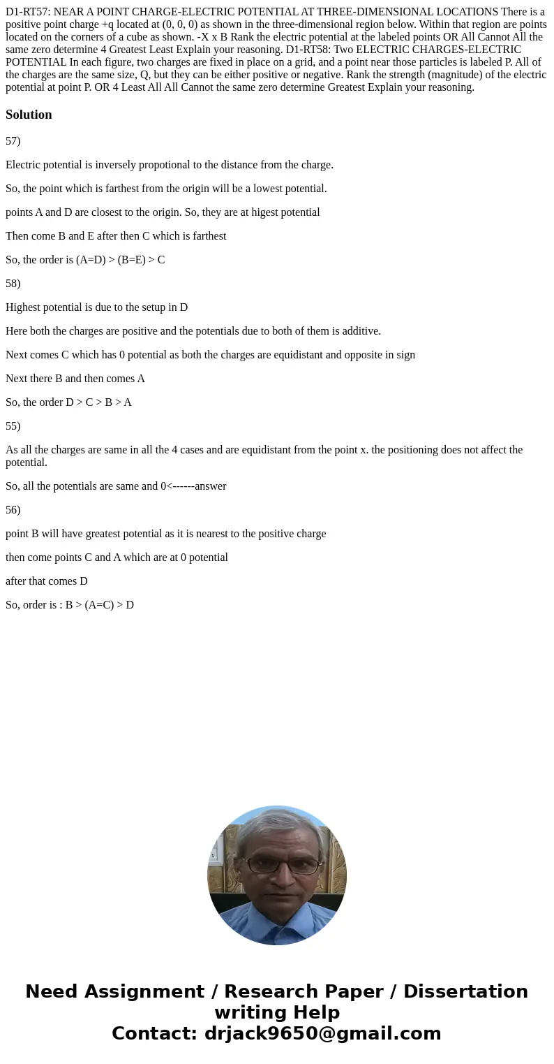  D1-RT57: NEAR A POINT CHARGE-ELECTRIC POTENTIAL AT THREE-DIMENSIONAL LOCATIONS There is a positive point charge +q located at (0, 0, 0) as shown in the three-d