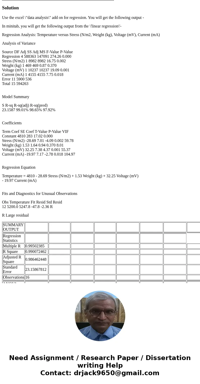 Determine the regression equation to predict Temperature based upon the following experimental data: Stress (N/m2) Weight (kg) Voltage (mV) Current (mA) Tempera