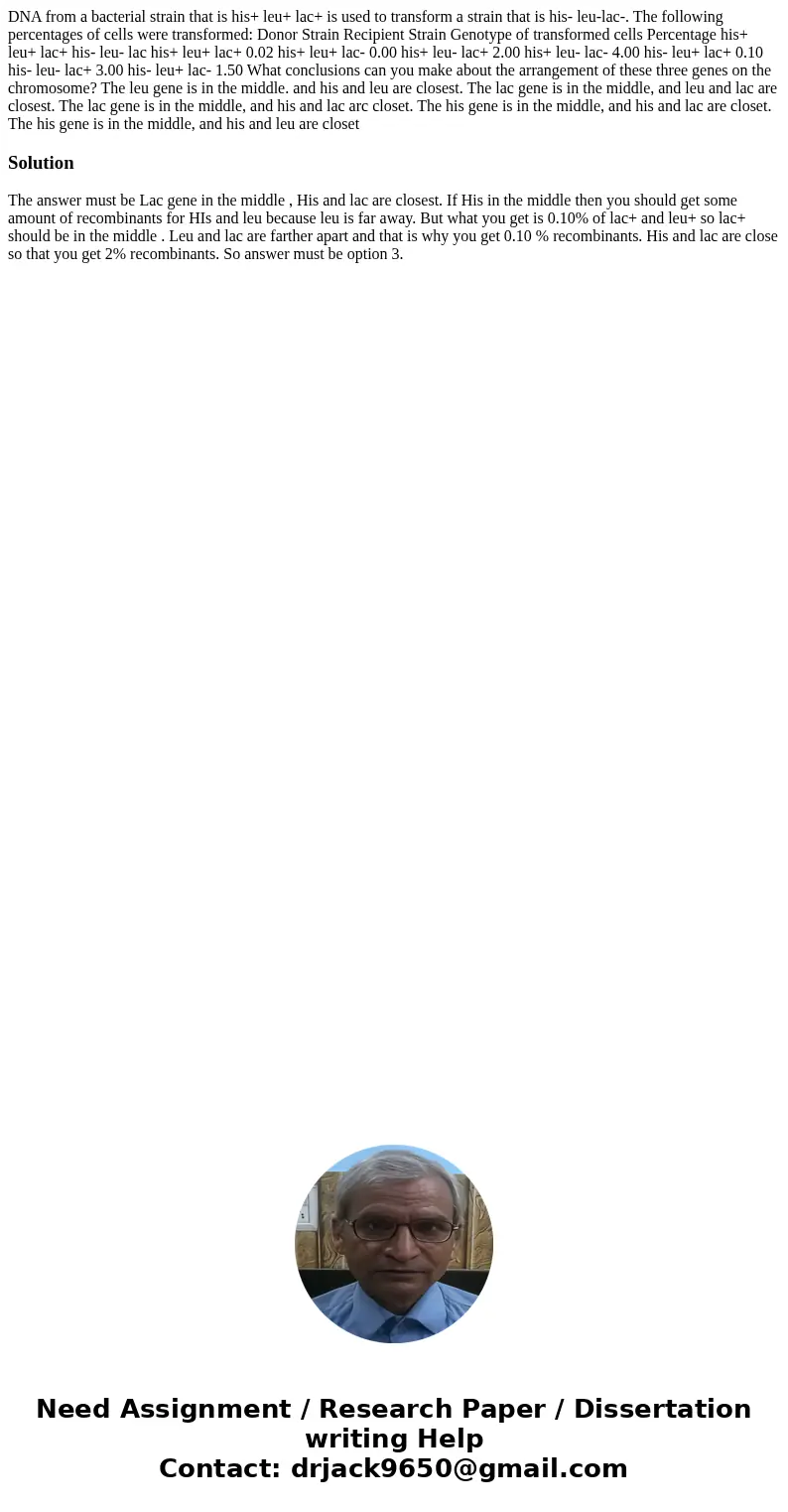  DNA from a bacterial strain that is his+ leu+ lac+ is used to transform a strain that is his- leu-lac-. The following percentages of cells were transformed: Do