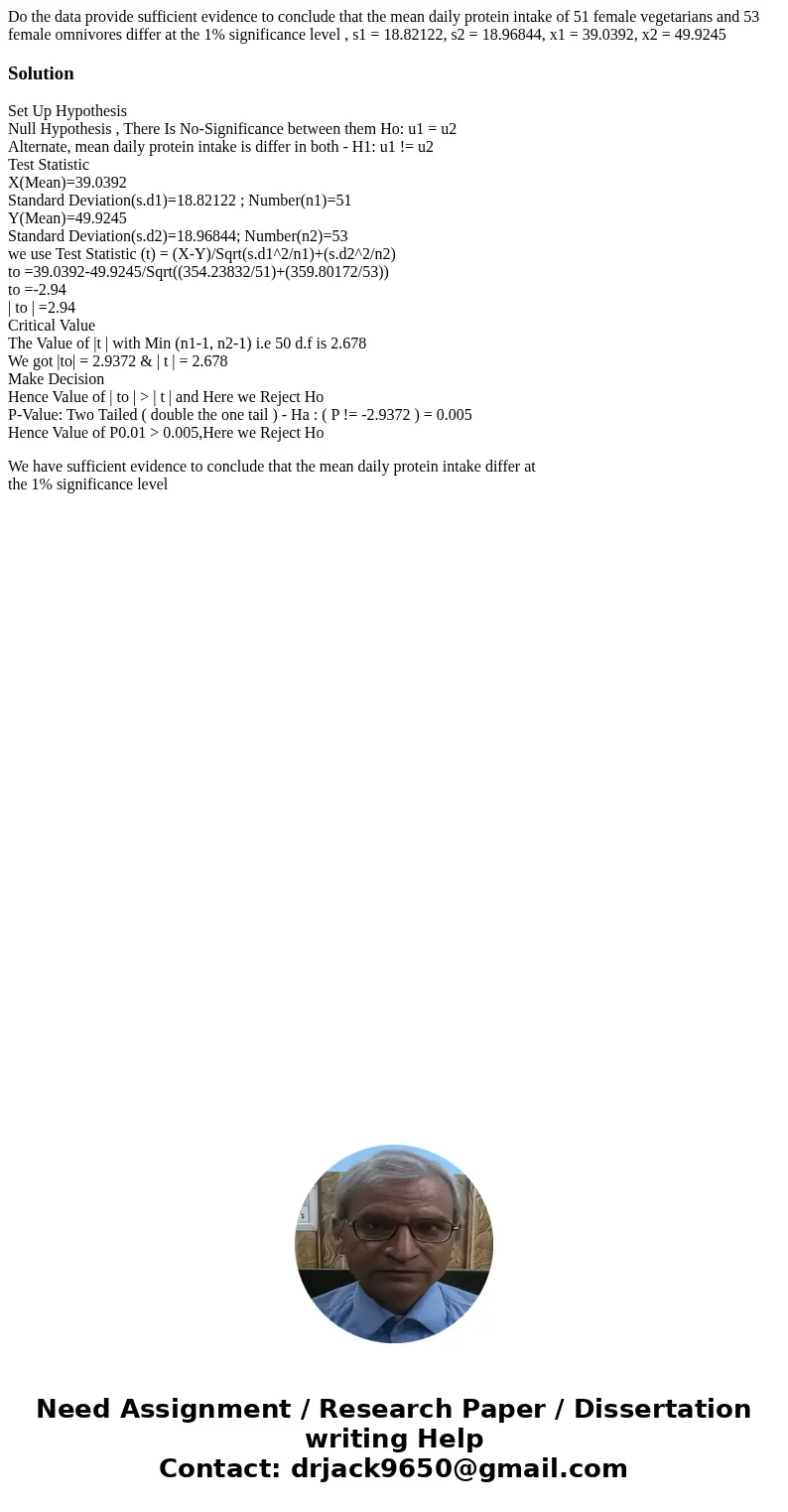 Do the data provide sufficient evidence to conclude that the mean daily protein intake of 51 female vegetarians and 53 female omnivores differ at the 1% signifi