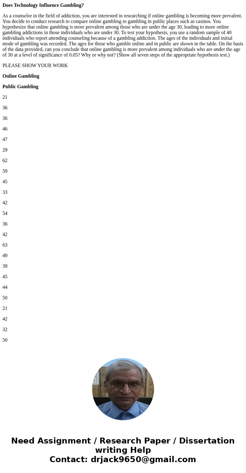 Does Technology Influence Gambling? As a counselor in the field of addiction, you are interested in researching if online gambling is becoming more prevalent. Y