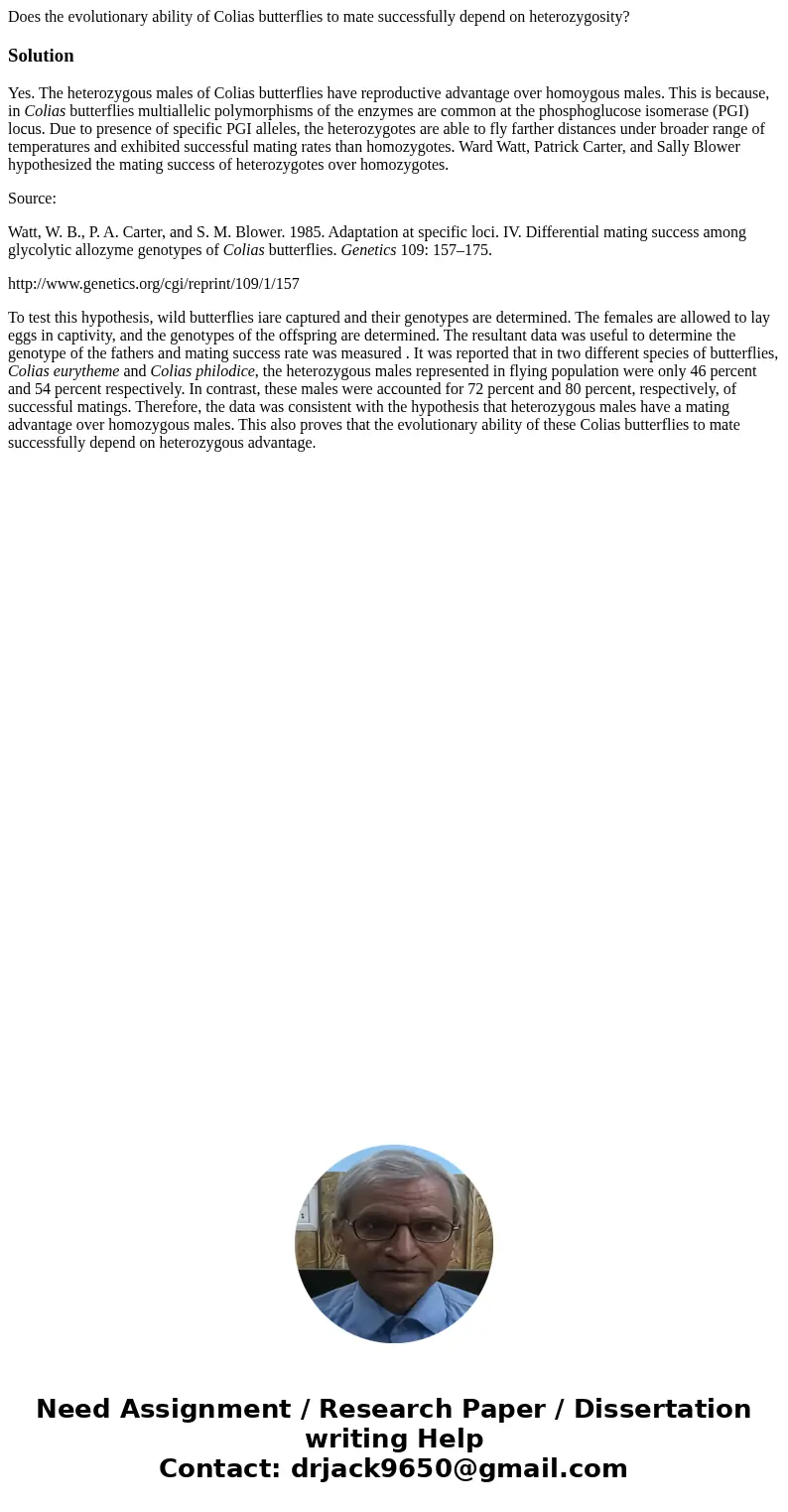 Does the evolutionary ability of Colias butterflies to mate successfully depend on heterozygosity? SolutionYes. The heterozygous males of Colias butterflies hav