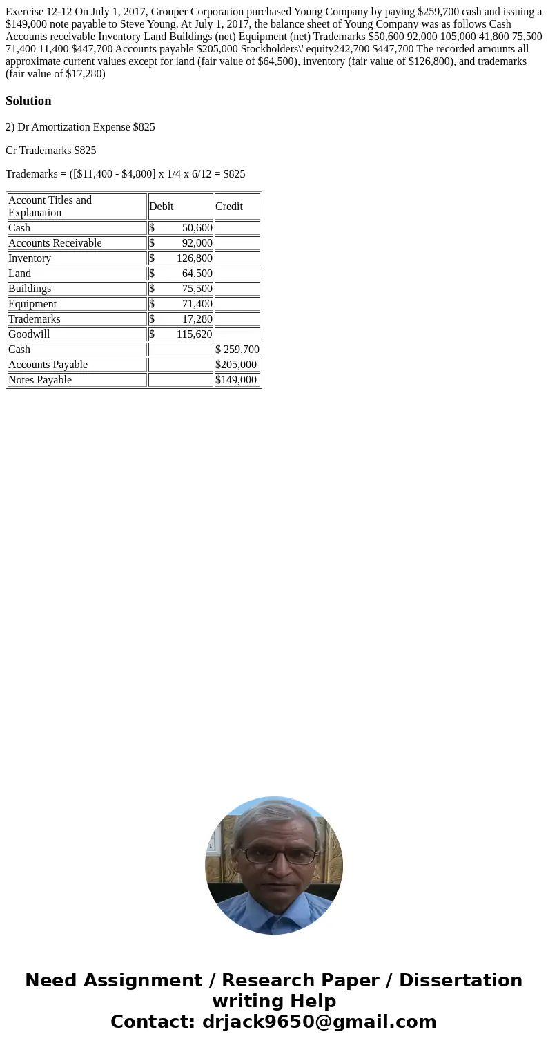  Exercise 12-12 On July 1, 2017, Grouper Corporation purchased Young Company by paying $259,700 cash and issuing a $149,000 note payable to Steve Young. At July