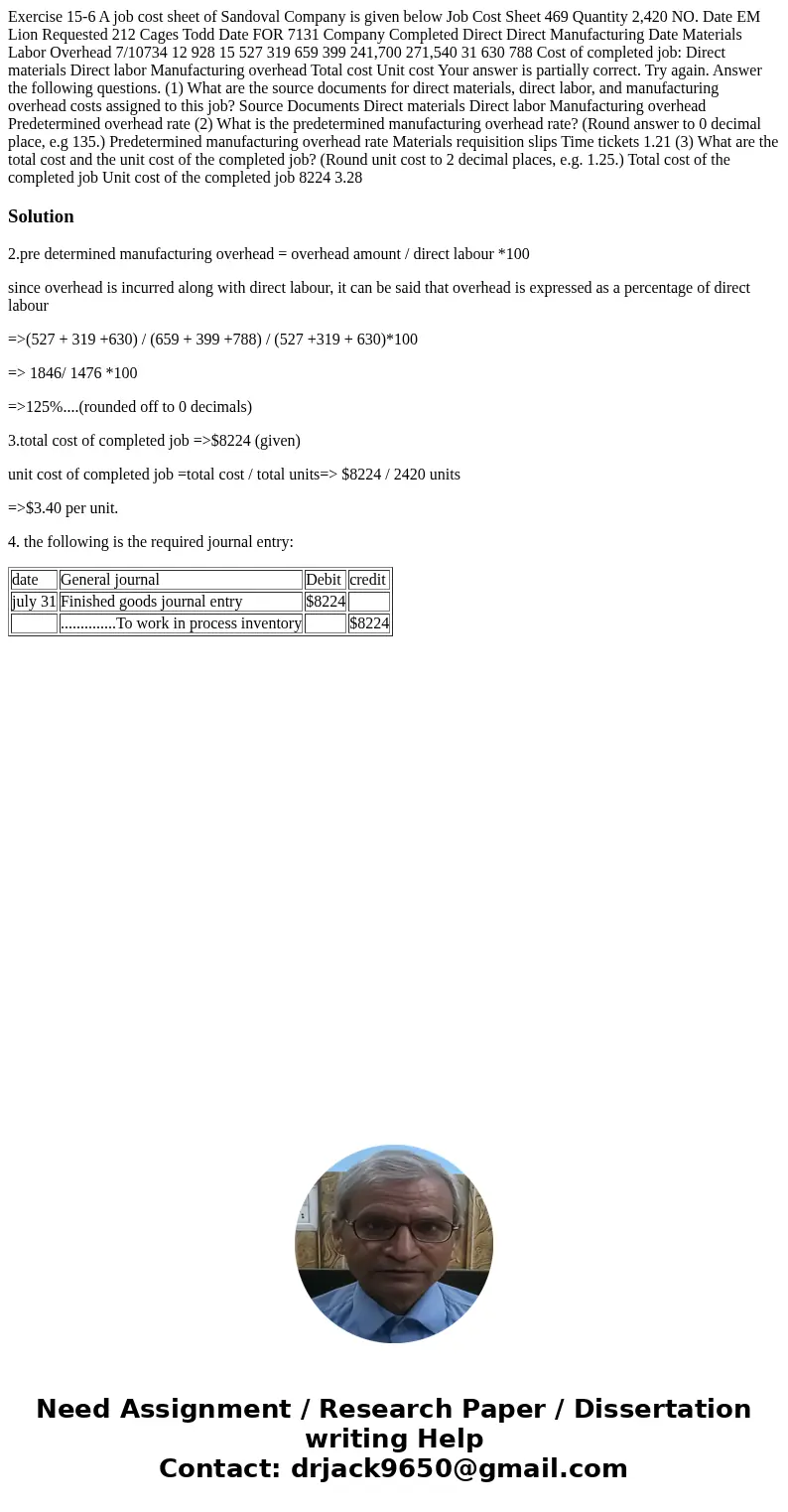 Exercise 15-6 A job cost sheet of Sandoval Company is given below Job Cost Sheet 469 Quantity 2,420 NO. Date EM Lion Requested 212 Cages Todd Date FOR 7131 Com  Exercise 15-6 A job cost sheet of Sandoval Company is given below Job Cost Sheet 469 Quantity 2,420 NO. Date EM Lion Requested 212 Cages Todd Date FOR 7131 Com