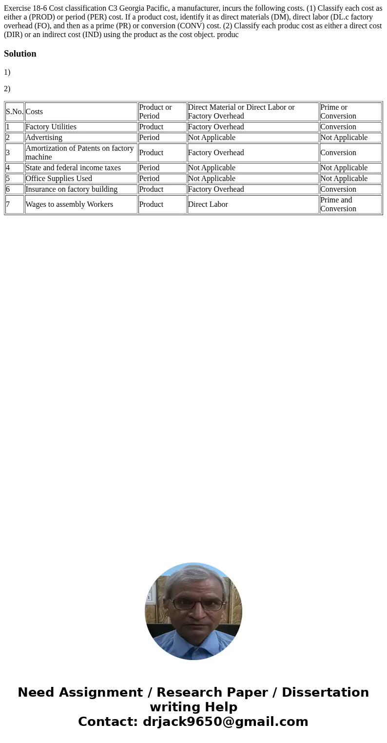 Exercise 18-6 Cost classification C3 Georgia Pacific, a manufacturer, incurs the following costs. (1) Classify each cost as either a (PROD) or period (PER) cos  Exercise 18-6 Cost classification C3 Georgia Pacific, a manufacturer, incurs the following costs. (1) Classify each cost as either a (PROD) or period (PER) cos