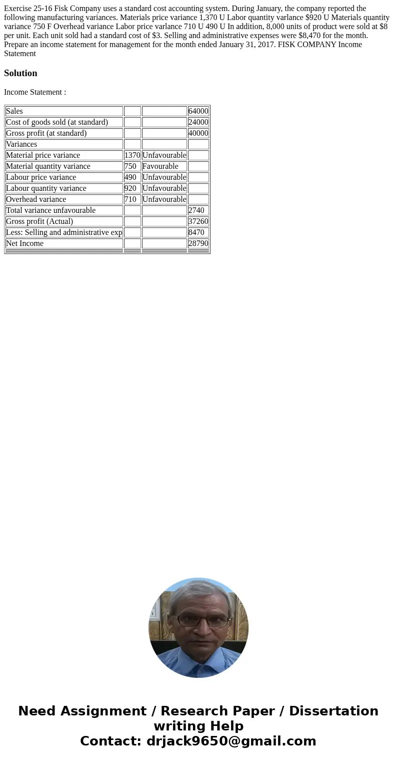 Exercise 25-16 Fisk Company uses a standard cost accounting system. During January, the company reported the following manufacturing variances. Materials price  Exercise 25-16 Fisk Company uses a standard cost accounting system. During January, the company reported the following manufacturing variances. Materials price