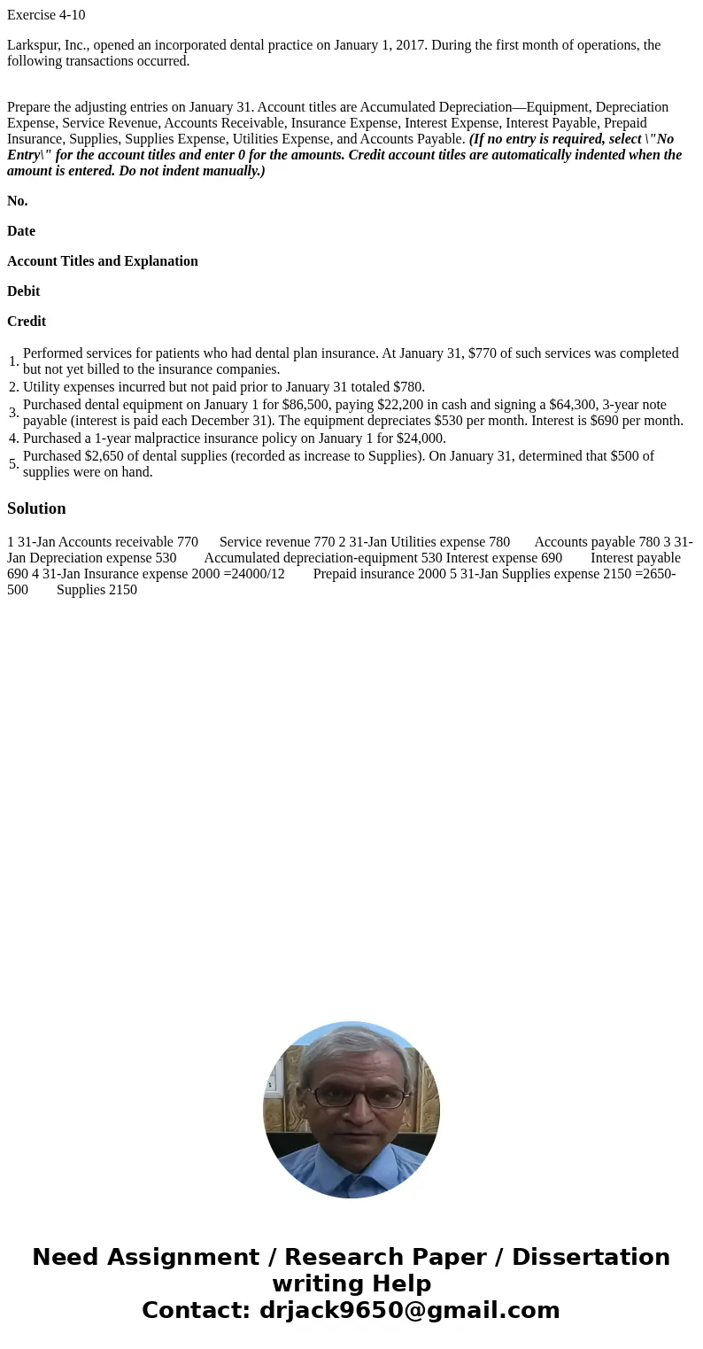 Exercise 4-10 Larkspur, Inc., opened an incorporated dental practice on January 1, 2017. During the first month of operations, the following transactions occurr