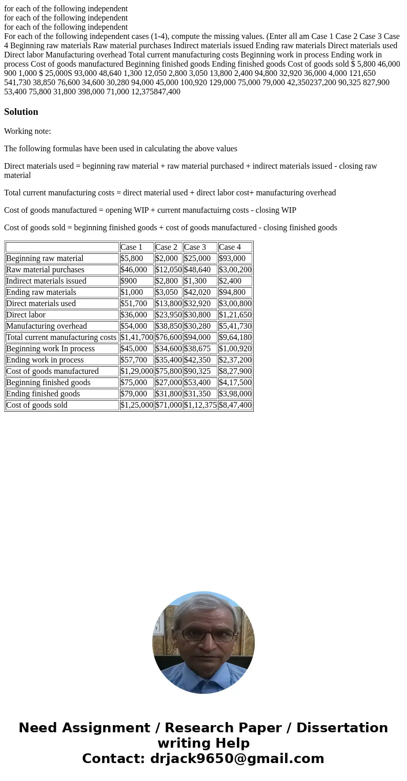  for each of the following independent for each of the following independent for each of the following independent For each of the following independent cases (