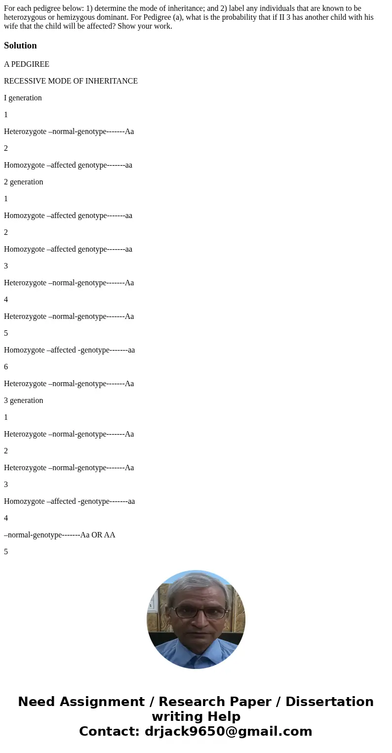 For each pedigree below: 1) determine the mode of inheritance; and 2) label any individuals that are known to be heterozygous or hemizygous dominant. For Pedig  For each pedigree below: 1) determine the mode of inheritance; and 2) label any individuals that are known to be heterozygous or hemizygous dominant. For Pedig
