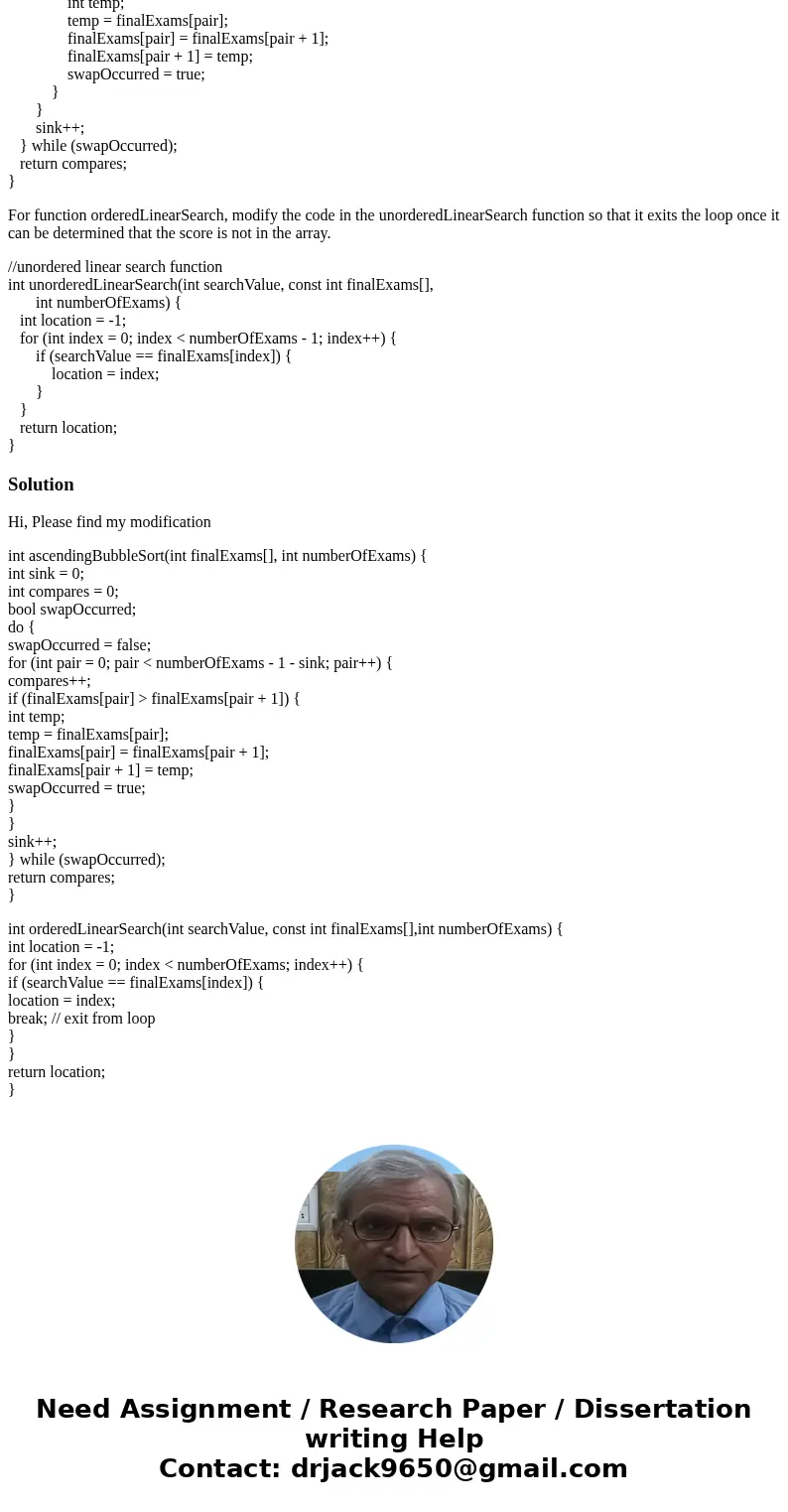 For function ascendingBubbleSort, modify the code in the descendingBubbleSortV3 function to sort in ascending order. int descendingBubbleSortV3(int finalExams[]