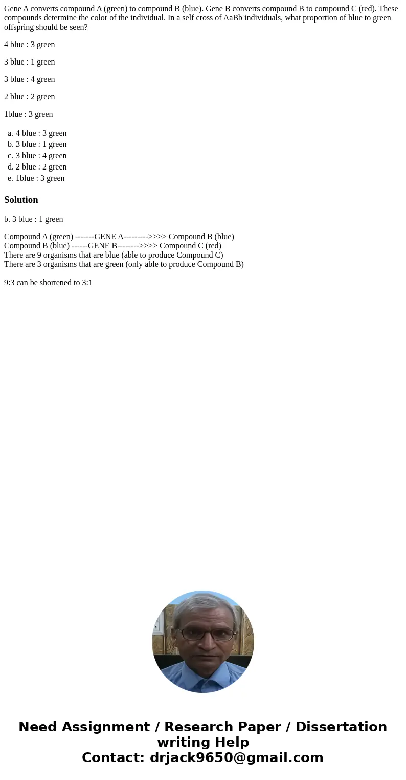 Gene A converts compound A (green) to compound B (blue). Gene B converts compound B to compound C (red). These compounds determine the color of the individual.  Gene A converts compound A (green) to compound B (blue). Gene B converts compound B to compound C (red). These compounds determine the color of the individual.